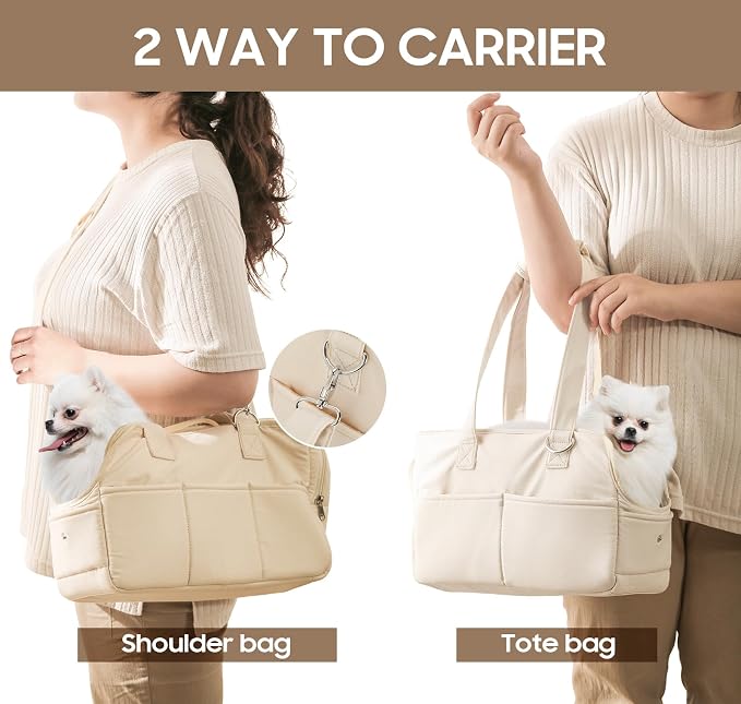 JourCraf Dog Purse Carrier for Small Dogs & Puppies Up 12 Lbs, Soft Cotton Tote Pet Shoulder Bag with Pockets, Foldable & Washable Breathable Puppy Carrier for Yorkie, Chihuahua & Cats - Beige