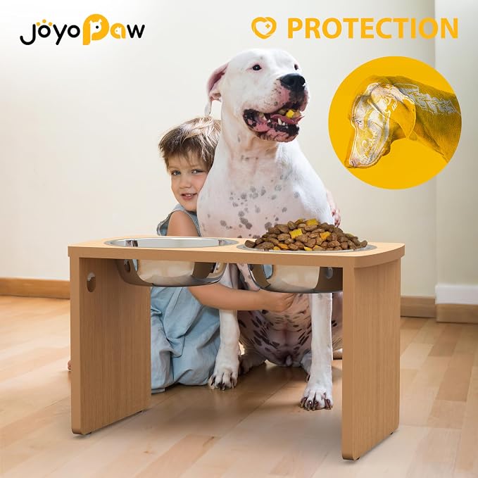 Elevated Dog Bowls, Waterproof Raised Dog Bowl for Medium & Large Dogs, HIPS Poly Lumber Stand with 2 Stainless Steel Bowls (HIPS Poly Lumber, Teak-Color)
