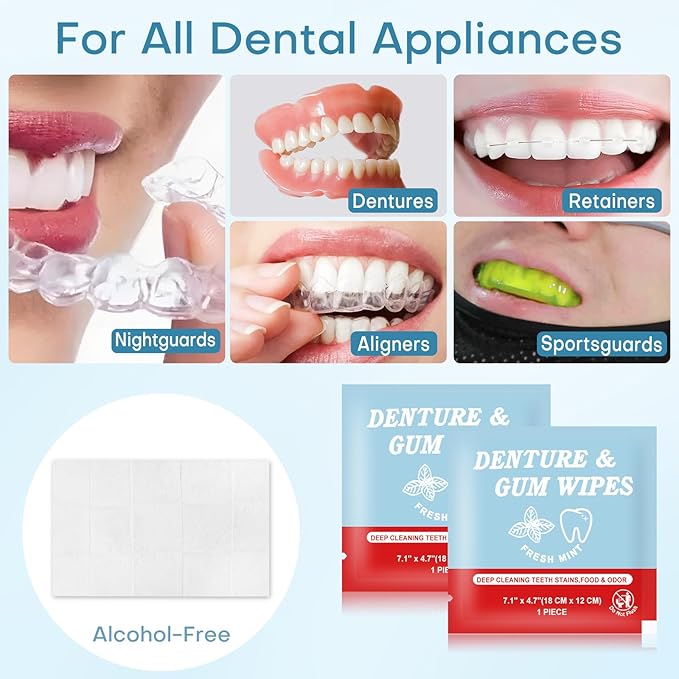 Denture Cleaner Wipes Disposable Teeth Gum Retainer Wipe Oral Care, Tooth Gums Cleaning Dental Dentures Tablets, Denture Adhesive Food Debris Braces Stain Odor Remover for Adults Elderly Mint 200 Pcs