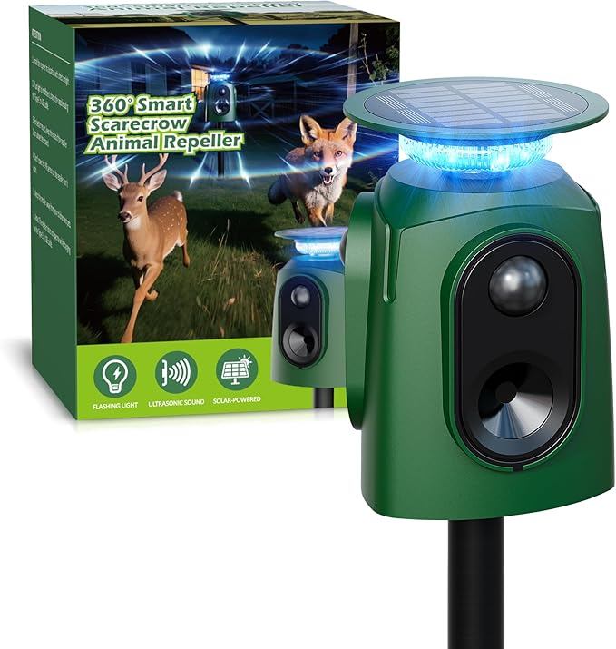 360° Solar Deer Repellent Devices, Ultrasonic Animal Deterrent with Motion Sensor & LED Lights, Waterproof Cat Repellent Outdoor, Repel Dog, Raccoon, Skunk & Coyote Out of Garden - USB Rechargeable