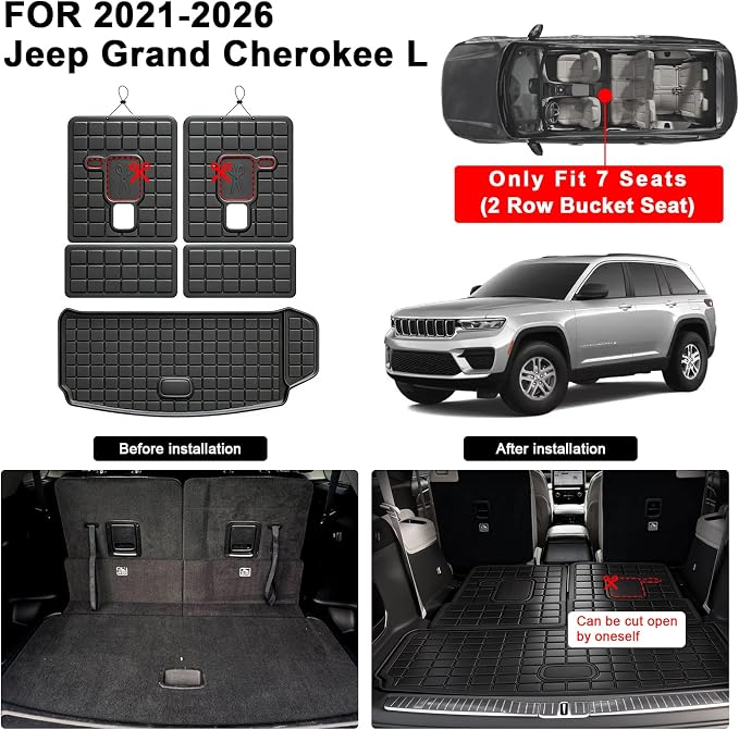 Floor Mats for 2021-2025 2026 Jeep Grand Cherokee L 7 Seats (2nd Row Bench Seats) & Cargo Mat & Backrest Mat,TPE All Weather Protection Car Full Set Mats Covering The Backrest Accessories