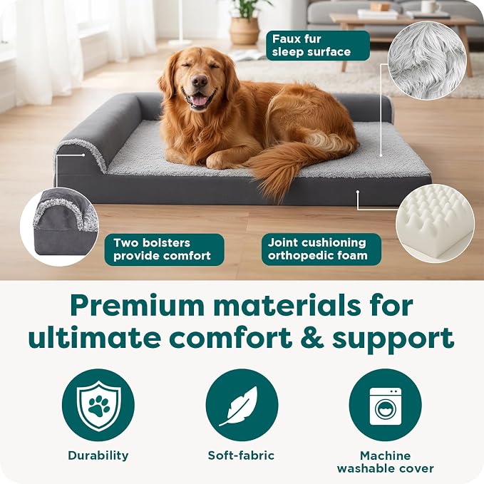 FurHaven Orthopedic Dog Bed for Large Dogs, L-Shaped Chaise Contour Mattress with Solid Orthopedic Foam Slab for Joint Support, Removable Washable Cover, Jumbo Plus XXL, Faux Fur & Suede, Espresso