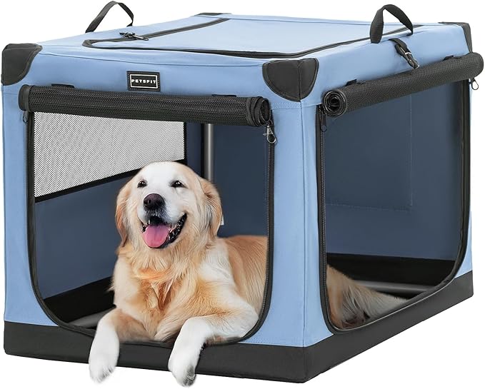 PETSFIT 40" Soft Portable Dog Crate – Patented Spiral Sturdy Frame, Collapsible Travel Kennel for Large Dogs, 3 Mesh Door, Lockable Zippers, Indoor & Car Use Blue