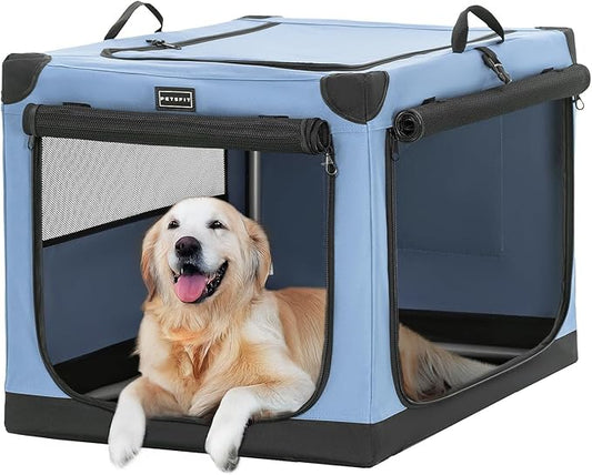 PETSFIT 40" Soft Portable Dog Crate – Patented Spiral Sturdy Frame, Collapsible Travel Kennel for Large Dogs, 3 Mesh Door, Lockable Zippers, Indoor & Car Use Blue