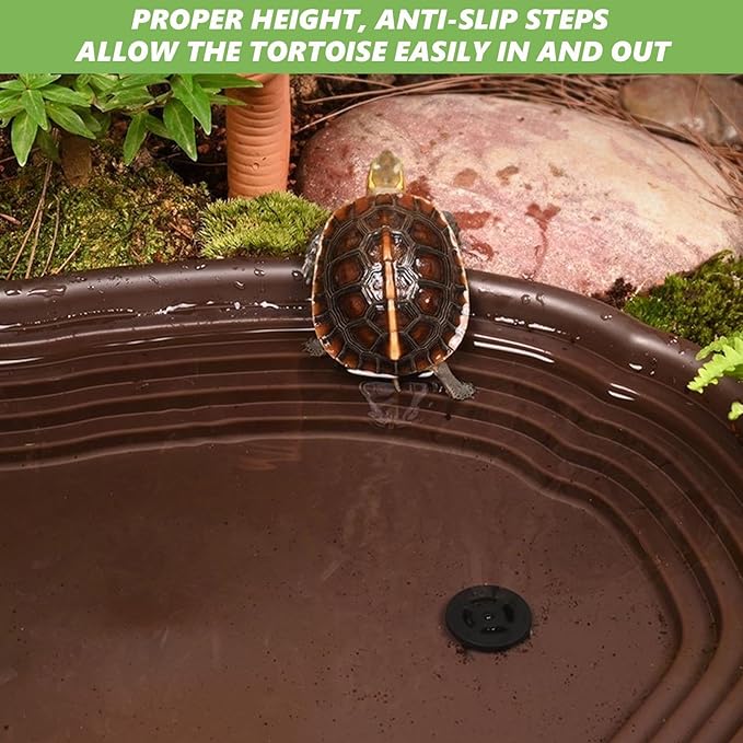 3PCS Tortoise Water Bowl with Ramp Leaf Tortoise Water Food Dish Turtle Pool Tortoise Bathing Pool Reptile Water Dish Large Soaking Dish Box Turtle Habitat Accessories (with Drainage Pipe)