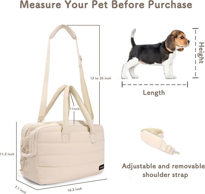 Dog Purse Carrier for Small Dog Cat Rabbit up to 13 lbs, Lightweight Portable Soft Sided Pet Purses, Quilted Puffy Tote Puppy Carrier with Large Pockets for Hiking, Travel, Vet Beige