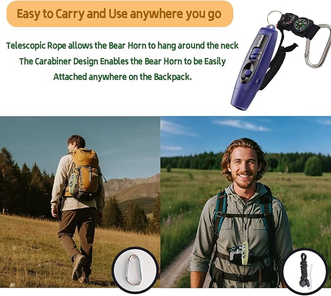 Rechargeable Bear Horn to Scare Bears, 125dB Electronic Air Horn with LED Flashlight & Compass & Thermometer, Electronic Whistle Bear Bells for Safety Hiking Camping Emergency Self Defense