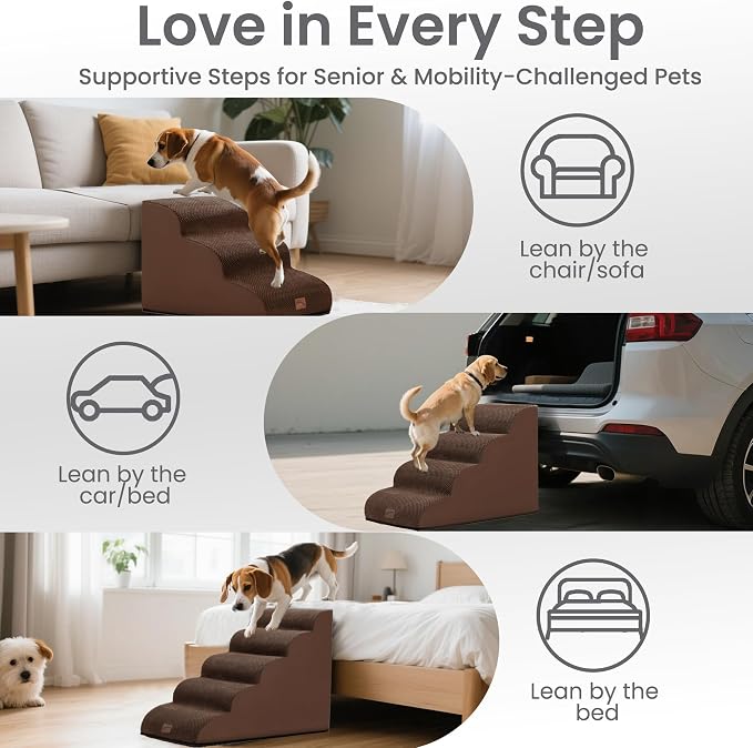 GoGoBunny Ramp Dog Stairs for High Beds 24.4" H, 5-Step Extra Wide Dog Slope Stairs with Durable Waterproof Fabric Cover, Pet Steps for Old Large Dogs Climbing, Non-Slip Sturdy Indoor Step, Brown