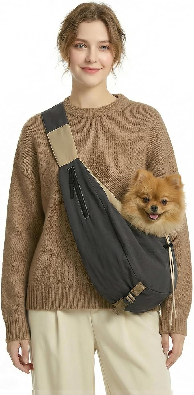 Dog Carrier Sling for Small Dogs/Cats Up to 15 lbs - Multi-Pocket Oxford Pet Sling Carrier Bag with Adjustable Strap (Black)