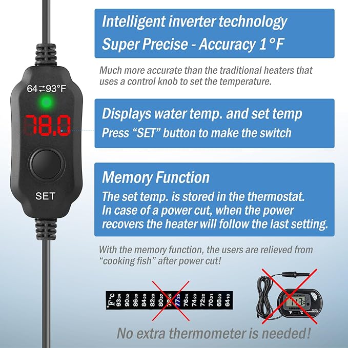 Super Mini Aquarium Heater 30W Betta Heater for 4-6 Gallon Tanks, Small Fish Tank Heater Turtle Heater with Dry-Run/Overheat Protection, Memory Function