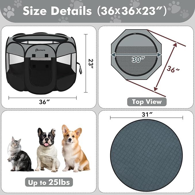 Persure Dog Cat Pet Playpen Puppy Crate Cage for Indoor Outdoor Travel | Nursing Rest Zone Recovering Pet Quarantine Room Portable Pop Up Easy to Set up lightweight (Dark Grey with Pad, Medium)
