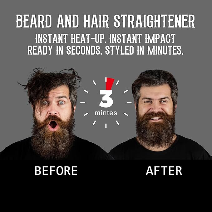 Innovation Beard&Hair Straightener for Men w/Natural Boar Bristle Brush, Pear Wood Comb, Mustache Scissors and Travel Bag, Professional Beard Care Set for Him, Men's Fashion and Grooming Gifts