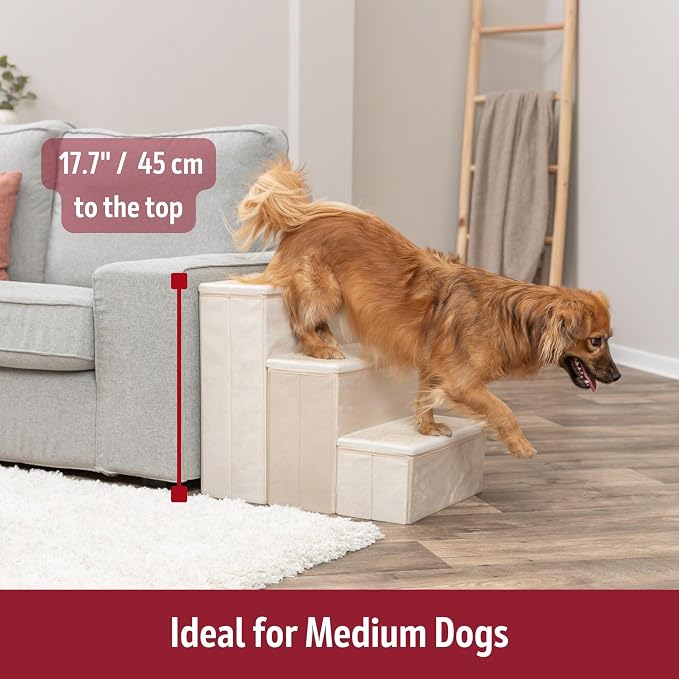 TRIXIE 3-Step Velour Pet Stairs, Beige | Collapsible, Storage Compartments for Pet Toys, Ideal for Dogs & Cats
