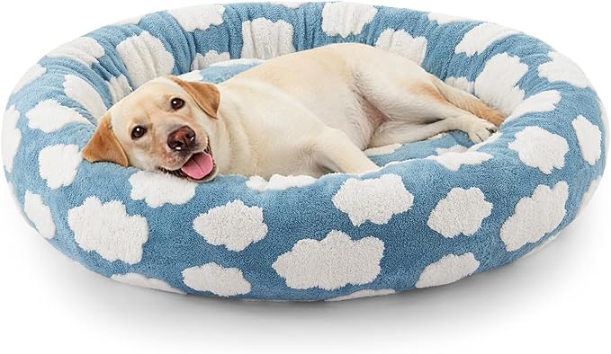 JOEJOY Jacquard Donut Round Dog Beds Large Sized Dog,Blue 36x36x8in, Removable Washable Cover, Cute Pattern, Ultra Soft Fluffy Calming Pet Bed with Thick Supportive Bolster