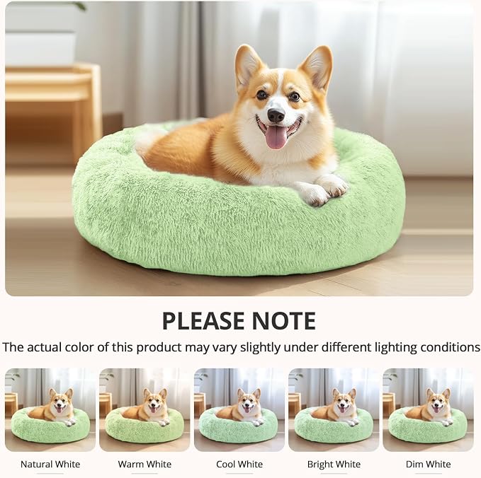 JOLLYVOGUE Calming Dog Bed Medium Size Dog, 31in Donut Washable Medium Pet Bed, Anti-Slip & Anti-Anxiety Fluffy Faux Fur Round Dogs Bed, Fits up to 45 lbs Pets (Light Green)