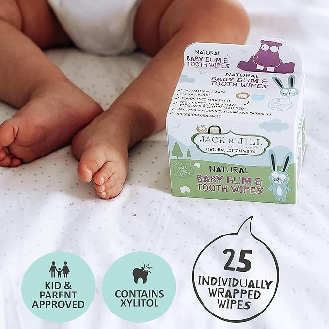 Jack N' Jill Baby Gum & Tooth Wipes - Natural & Safe, Contains only Water & Xylitol, Soft Sterilized Cotton, Free from Fluoride & Sugar, Baby Mouth Wipes - 25 Count, Individually Wrapped