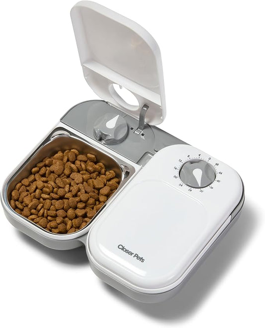 Distributeur automatique de nourriture Closer Pets C200 à 2 repas, avec minuterie - pour chats et petits chiens, nourriture humide ou sèche, inserts de gamelle en acier inoxydable et pack de glace, jusqu'à 400 g chacun, blanc