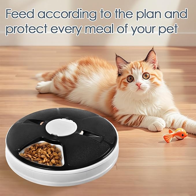 Automatic Cat Feeder, 6-Meal Timed Pet Food Dispenser, Programmable Portion Control Automatic Pet Feeder for Dogs, Dry & Semi-Wet Food, Easy-Clean Tray