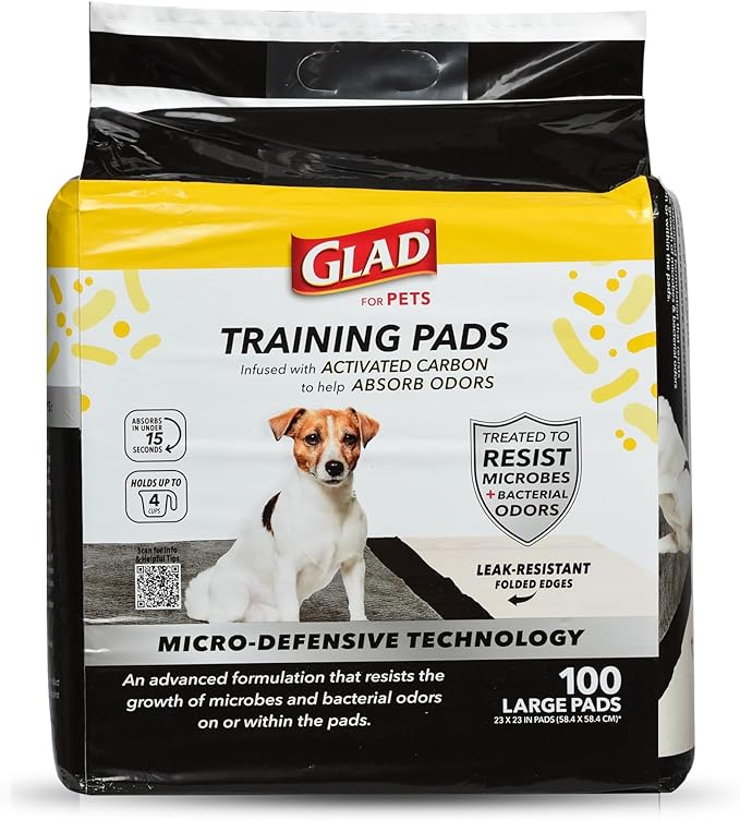 Glad for Pets Activated Carbon Puppy Training Pads with Anti-Microbial Technology, Odor Control Pee Mats for Dogs, 6-Layer Leak-Proof Heavy Duty Indoor Potty Pads, 23 x 23 Inches, 100 Count