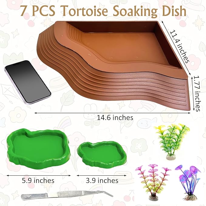 Reptile Bathing Pool 2-in-1 Tortoise Water Dish with Ramp Large Turtle Feeding Bowl with Steps Plastic Reptile Food & Water Dishes 7 Pcs Gecko Habitat Decoration Accessories Lizard Bath Tub