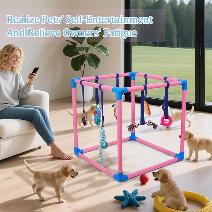 Liitrton Puppy Play Gym for Small Dogs with 8 Hanging Toys, Pink | 19.5"x19.5"x19.5" PVC Frame, Indoor Puppy Jungle Gym with Interactive Puppies Toys