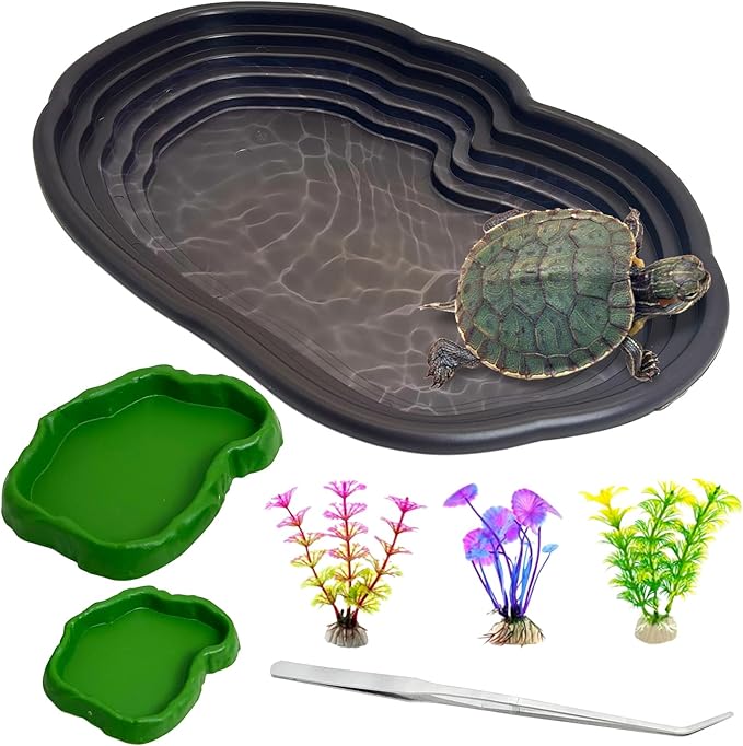 Reptile Bathing Pool 7 Pcs Tortoise Water Dish with Ramp Extra Large Turtle Feeding Bowl with Steps Reptile Food & Water Dishes 2-in-1 Gecko Habitat Decoration Accessories Lizard Bath Tub