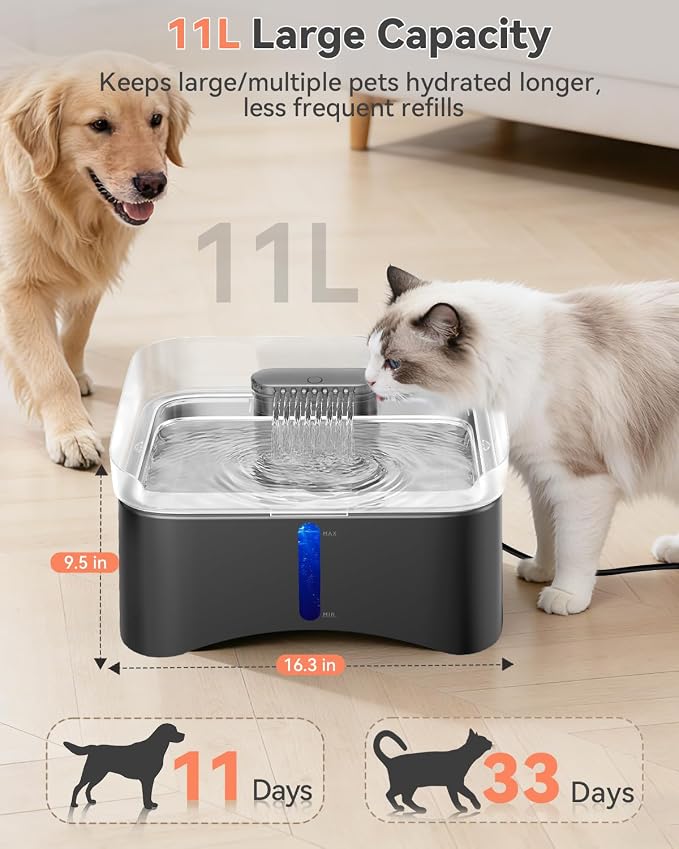 UPSKY 11L Elevated No-Spill Dog Water Fountain with 4 Adjustable Heights | Large Dog Water Dispenser, No-Splash, 304 Stainless Steel Tray, 5-Layer Filtration, for Large/Senior Dogs & Multi-pet Home