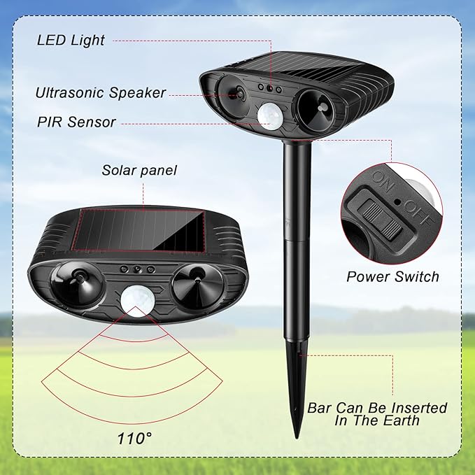 Ultrasonic Animal Repellent Outdoor Solar Powered Repeller Cat Dog Squirrels Deer Deterrent Waterproof Motion Sensor Deterrent for Yard Garden Rabbit Fox Pest(Black,2 Pieces)