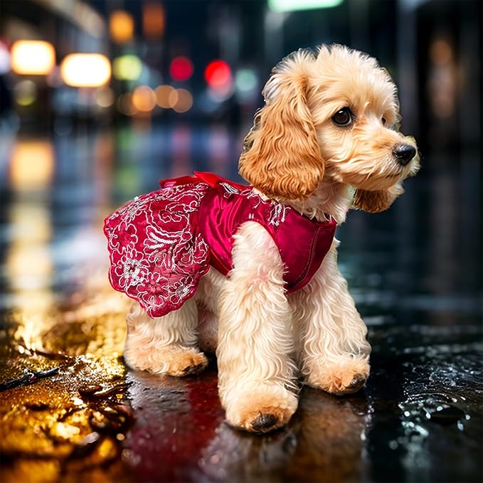 Dog Princess Lolita Dress for Small Dogs Girl,Sparkling Sequins Sweet Pet Clothes Wedding Birthday Party Puppy Dresses,Cat Apparel Accessories Costumes Outfit Skirt (Red,X-Large)