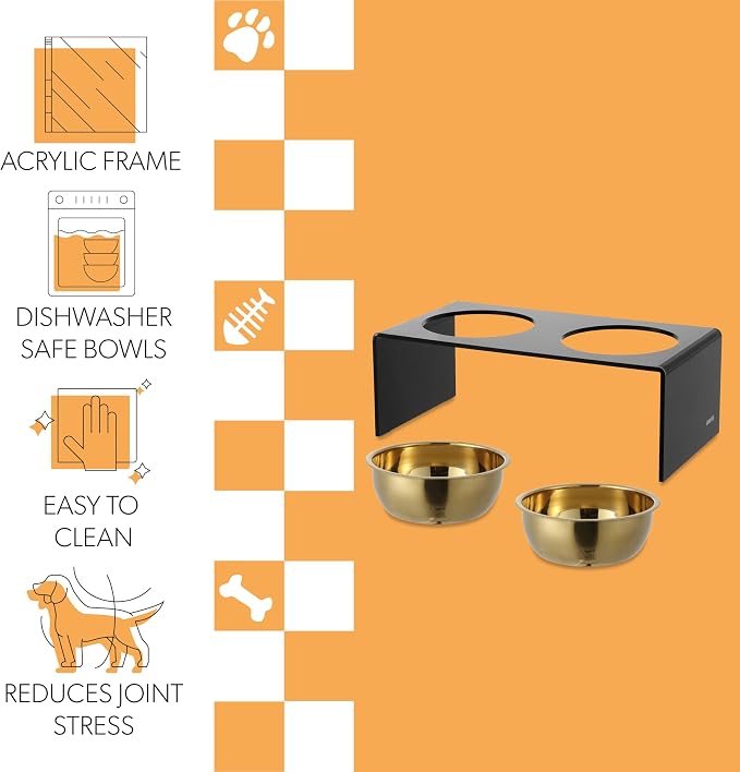 DBL2001B Keaton 7.5" Medium/Large Modern Lucite Rectangular Elevated Pet Feeder with 54oz 2-Stainless Steel Bowls, Black/Gold