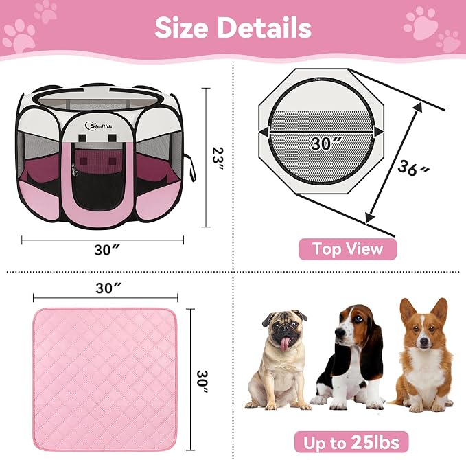 Siedihit Dog Cat Pet Playpen Tent Crate Cage with Washable Pad, Medium Pink | Breathable double-layer mesh Wide applicability Recovery After Surgery Portable Easy to Set up lightweight Recovering Pets