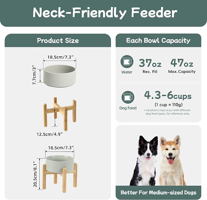 Havniva Dog Bowls Elevated, Ceramic Dog Food and Water Bowl | 7.3” Raised Dog Food Bowl, Elevated Dog Bowls with Bamboo Stand, Non-Slip Dog Water Bowl for Medium Dog, Large Capacity