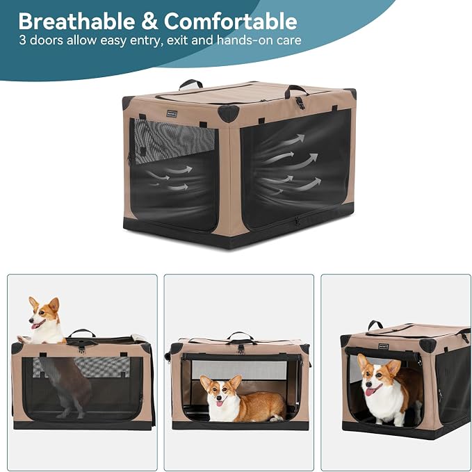 PETSFIT 30" Soft Portable Dog Crate – Patented Spiral Sturdy Frame, Collapsible Travel Kennel for Medium & Large Dogs, 3 Mesh Door, Lockable Zippers, Indoor & Car Use Khaki