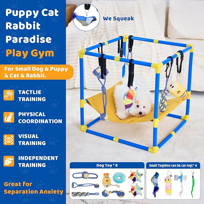 Puppy Play Gym with 12 Hanging Toys, 2-in-1 Dog Play Gym & Hammock, Adjustable Puppy Enrichment Toys for Small Dogs/Cat, Interactive Activity Center, Indoor Playground for Teething (23.6")