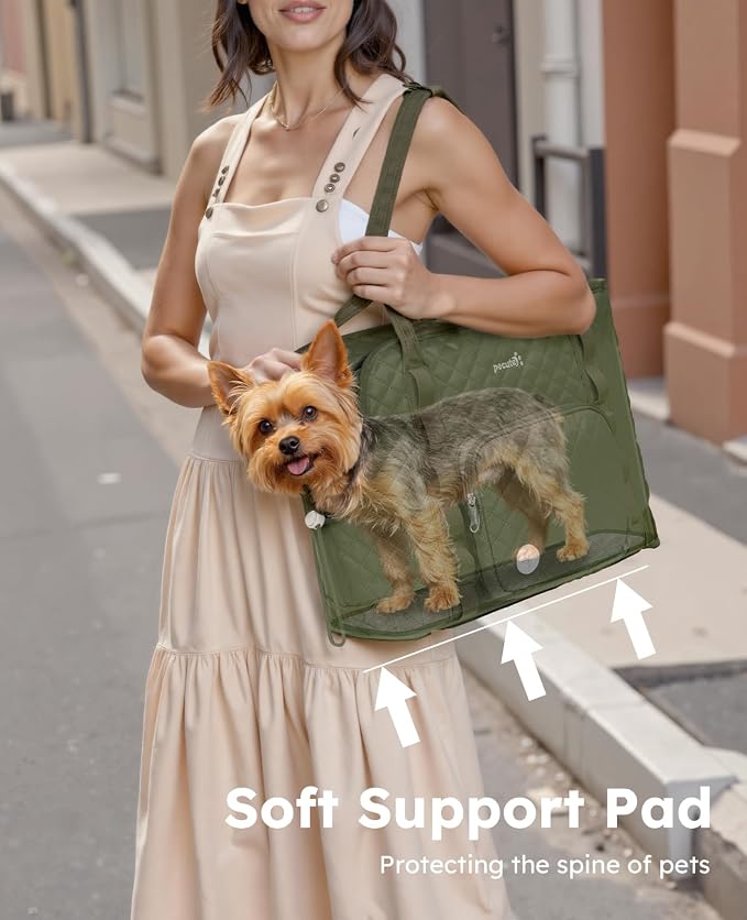 Pecute Dog Purse Carrier, Dog Carrier with Pockets for Small Dogs, Fits Dogs 5 lbs to 9 lbs, Cat and Puppies Tote Bag, Outing, Travel, Vet, Green | Breathable,Foldable,Large Pocket,Built-in safety Rope,Machine washable,Under 9 Lbs