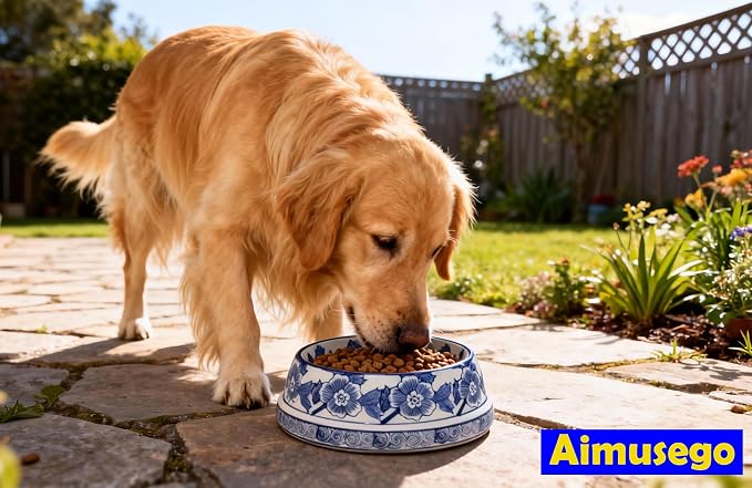 Aimusego Blue and White Cute Heavy Duty Non-Slip Chinoiserie Ceramic Pet Bowl Food/Water Dish for Large Puppies, Cats, Retrievers, Medium Sized Dogs-9inch