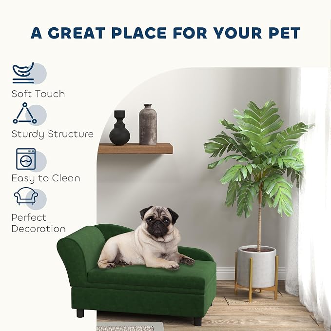 PawHut Luxury Fancy Dog Couch with Hidden Storage, Small Dog Sofa Bed with 2" Soft Foam, Modern Pet Furniture for Puppies & Little Breeds, Green | Small Dog Sofa Bed with 2" Soft Foam, Modern Pet Furniture for Little Breeds