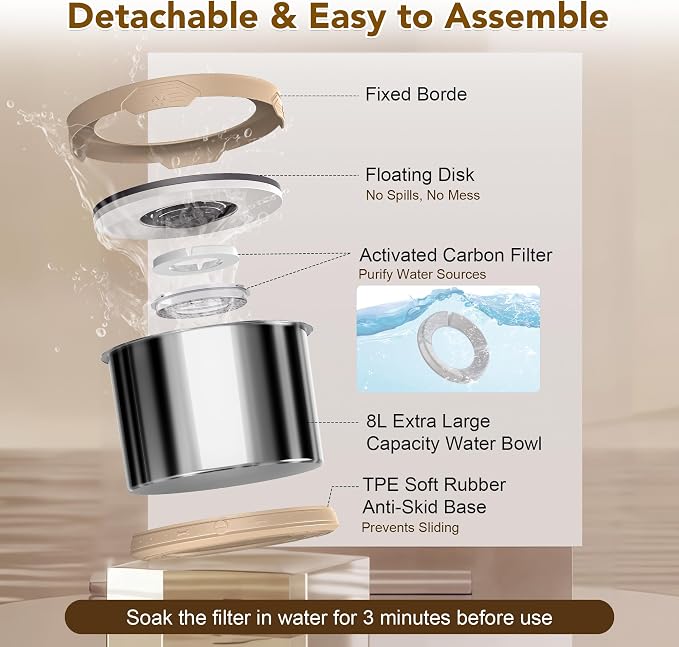 UPSKY 8L Dog Water Bowl No Spill Stainless Steel for Slow Drinking Beige | Large Capacity, Spill-proof, Non-slip Design, Durable, For Large Dogs, Messy Drinkers & Multi-pet Homes, Outdoor / Indoor