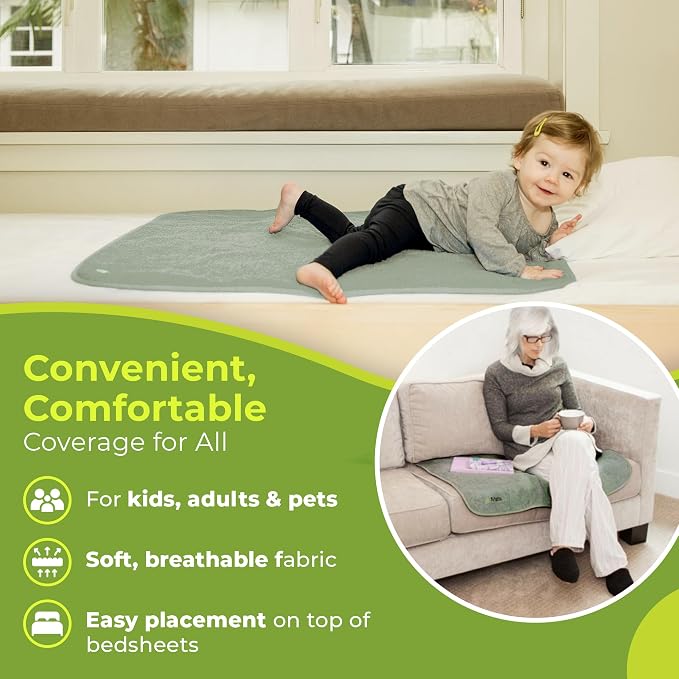PeapodMats Bedwetting Waterproof Bed Mat, Reusable 3x5 Sage | Washable reusable bed mat for bedwetting, incontinence, kids, adults, pets, and mattress protection.