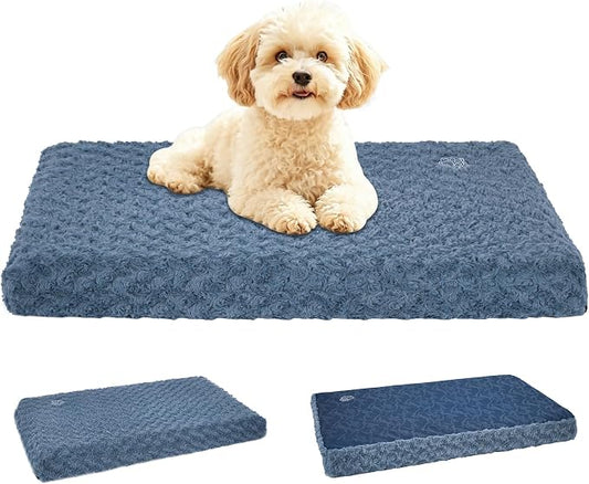 EMPSIGN Dog Bed Mat Crate Pad Mattress, Ultra Soft Pet Kennel, Navy, Small | Reversible(Cool & Warm), Waterproof Linings, Removable Machine Washable Cover, for 24" Dog Crate, Soft Rose Plush/Canvas