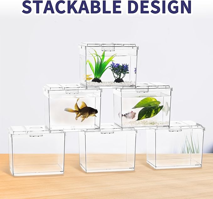 MoonOrange Mini Betta Fish Tank, Small Fish Bowl for Temporary Space, 0.2 Gallon Stackable Cube Tank with Betta Leaf and Gravels for Small Fish, Insect, Shrimp, Crab, Spider.(Pack-2)