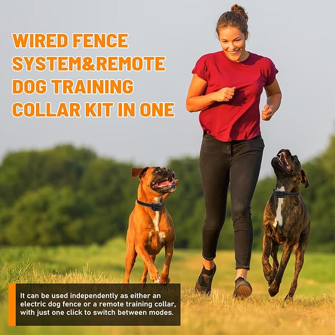 2-in-1 Wired Dog Fence & Remote Training Collar, Underground/Aboveground Dog Fence, Electric Pet Containment System, Tone/Vibration/Shock Mode, 650Ft Wire, for 2 Dogs
