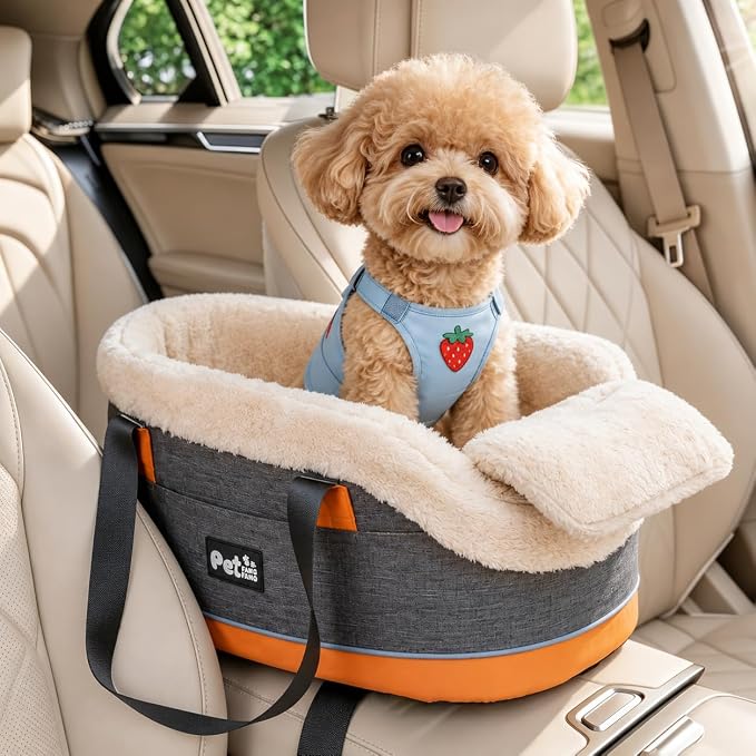 Pet Car Center Console Elevated Armrest Car Seat for Small Puppy, Dogs & Cats (Up to 10 lbs) – Dark Gray Washable Plush Carrier with Safety Leash, Fits Front Vehicle Console Space (Dark Grey)