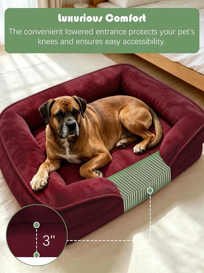 Spotted Play Orthopedic Dog Bed with Sides - Sofa Beds for Large Dogs, Supportive Foam Pet Couch Bed with Washable Removable Cover, Waterproof Lining and Non-Slip Bottom, Burgundy - L-Plus