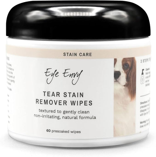Eye Envy Tear Stain Wipes for Dogs. Textured to Gently Clean. Presoaked in Natural Formula. Recommended by AKC Breeders, Professional Groomers. Cleans Staining. USA Made. 60 Wipes