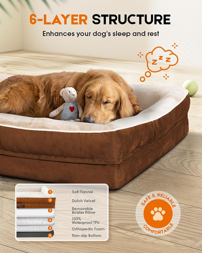 Upvilla Orthopedic Dog Bed, Four-Sided Medium Dog Sofa,Washable Cover Brown | Removable Waterproof Dog Bed Cover, Egg-Crate Orthopedic Foam, Built-In Carry Handle, Indoor Small Pet Beds, Cat Beds