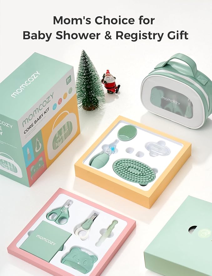 Momcozy Core Baby Kit, Basic Baby Shower Gift & Registry Essential Kit | Grooming&Health&Cleansing Care Set, Nail File Kits,Nasal Aspirator,Gas Relief Tubes,Bath Brushes,Toothbrush,Comb,Storage Case