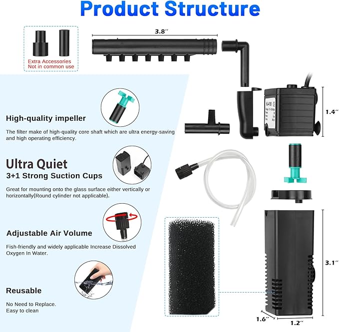 Aquarium Filter Small Betta Fish Tank Filter for 2-15 Gallon Silent 4-in-1 Adjustable Air Flow Fish Turtle Shrimp Tank Filter Submersible Aquarium Internal Filter 79 GPH Biochemical Rainwater