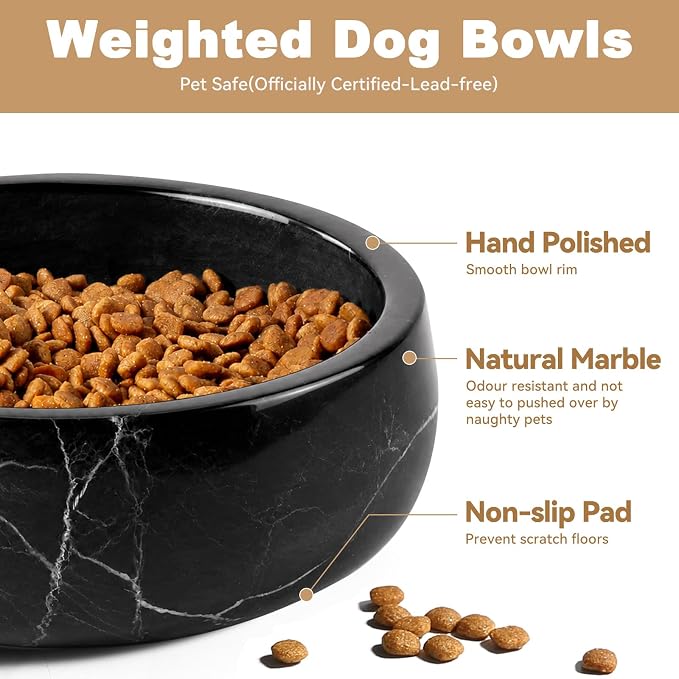 Karibiber Black Marble Dog Bowl, 3.5lbs Non Slip Heavy Dogs Food Bowl, Large Weighted Water Bowls for Medium Dogs, Natural Stone Pet Bowl, Holds 4.5 Cups