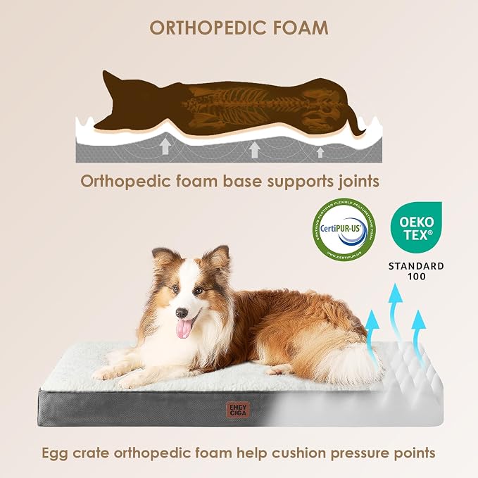 EHEYCIGA Orthopedic Dog Bed Large with Removable Washable Cover, 44IN Beige | Egg Crate Foam Support, Durable Oxford fabric, Non-Slip Bottom, Machine Washable, Soft Waterproof Plush Pet Bed Mat For Crate